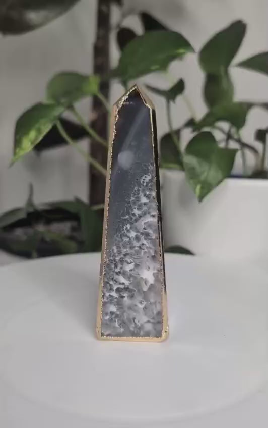 Blue & Grey Agate Obelisk with Gold Edge